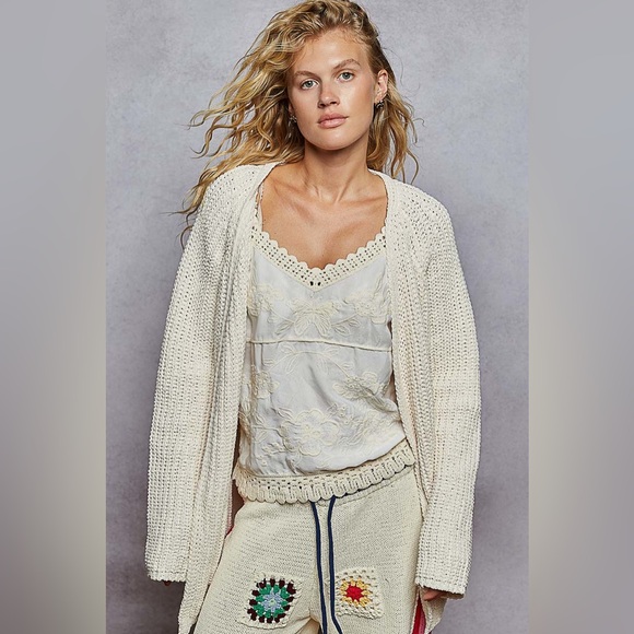 POL Open Front Crochet Cardigan with Weave Knit Patterns
